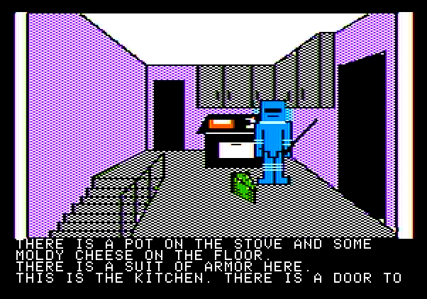 Hi-Res Adventure #3: Cranston Manor Apple II Screenshot: This suit of armor follows me around now, how annoying!