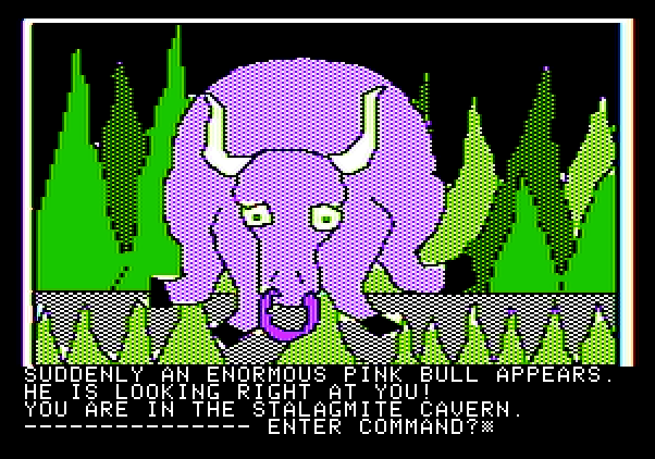 Hi-Res Adventure #3: Cranston Manor Apple II Screenshot: It's an enormous pink bull!