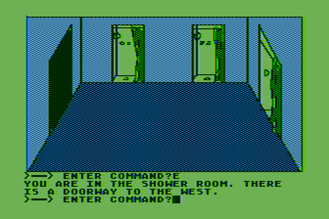 Hi-Res Adventure #0: Mission Asteroid Atari 8-bit Screenshot: The shower room.