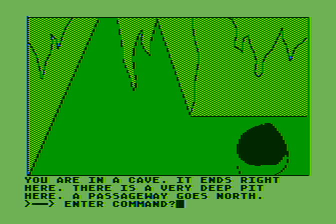 Hi-Res Adventure #0: Mission Asteroid Atari 8-bit Screenshot: A conveniently deep pit...a good place to drop some explosives!