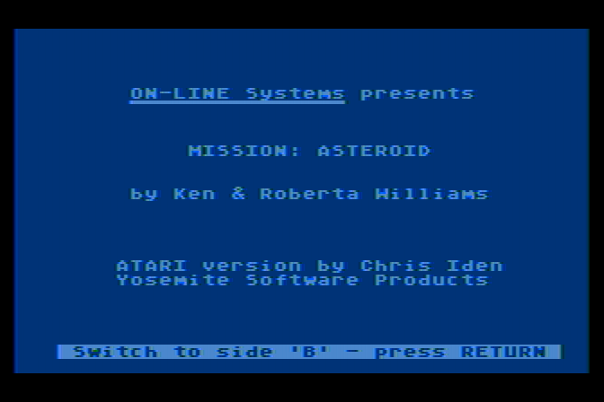 Hi-Res Adventure #0: Mission Asteroid Atari 8-bit Screenshot: Title screen (On-Line Systems release).