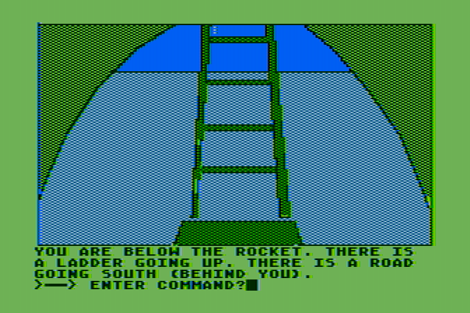 Hi-Res Adventure #0: Mission Asteroid Atari 8-bit Screenshot: View from beneath the rocket...
