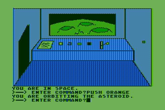Hi-Res Adventure #0: Mission Asteroid Atari 8-bit Screenshot: Orbitting the asteroid...