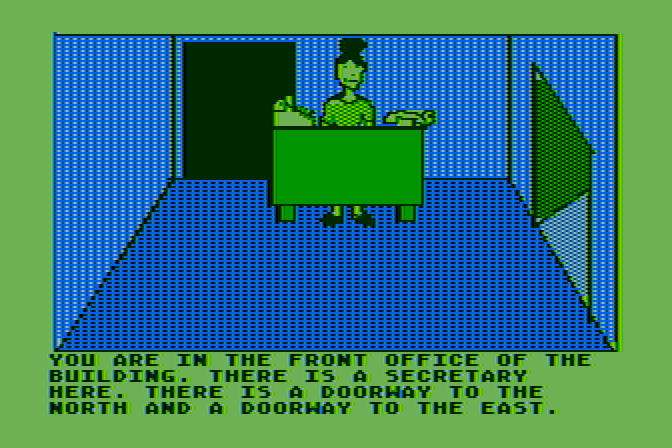 Hi-Res Adventure #0: Mission Asteroid Atari 8-bit Screenshot: The secretary in this building...
