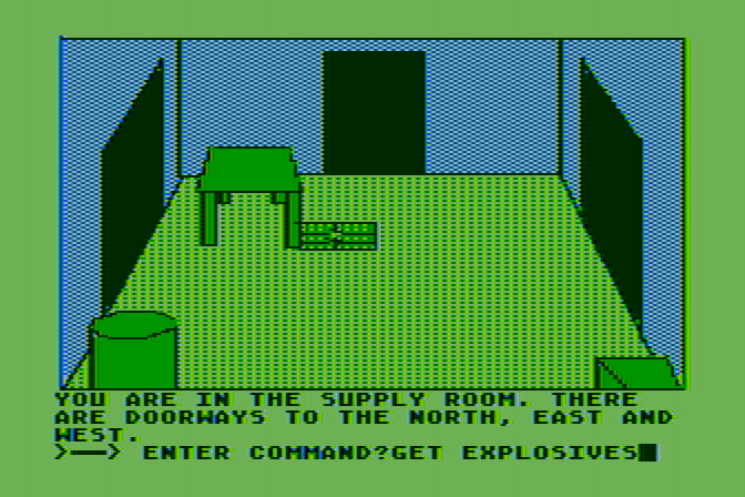 Hi-Res Adventure #0: Mission Asteroid Atari 8-bit Screenshot: Supply room; better grab some explosives while I'm here...