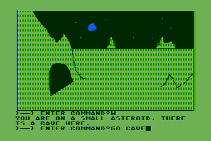 Hi-Res Adventure #0: Mission Asteroid Atari 8-bit Screenshot: A cave? Let's see what's in there...
