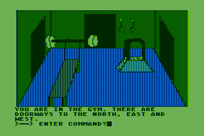 Hi-Res Adventure #0: Mission Asteroid Atari 8-bit Screenshot: Looks like a nice place to exercise...