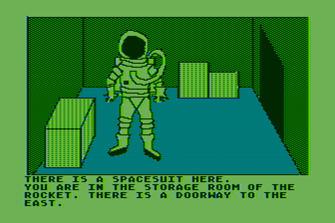 Hi-Res Adventure #0: Mission Asteroid Atari 8-bit Screenshot: I'll definitely want to grab this space suit...