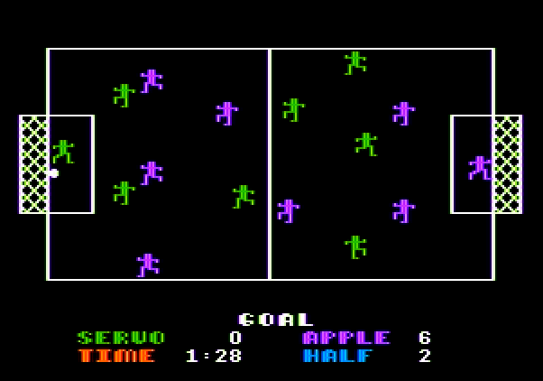 Hi-Res Soccer Apple II Screenshot: The computer player scored again!
