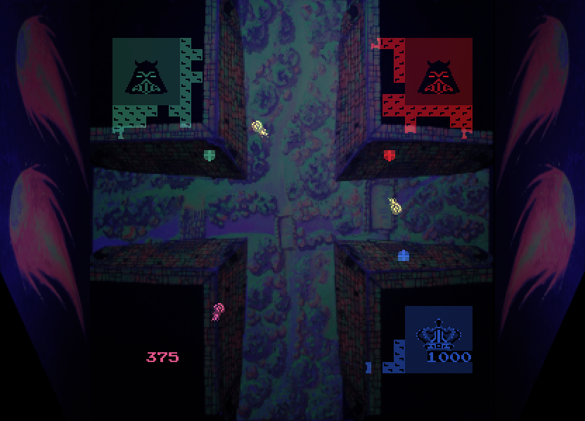 Warlords Arcade Screenshot: One human player defeated, the second human player barely holding on...
