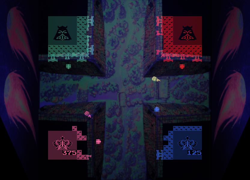 Warlords Arcade Screenshot: The crowns indicate a human player, the knights a computer player.