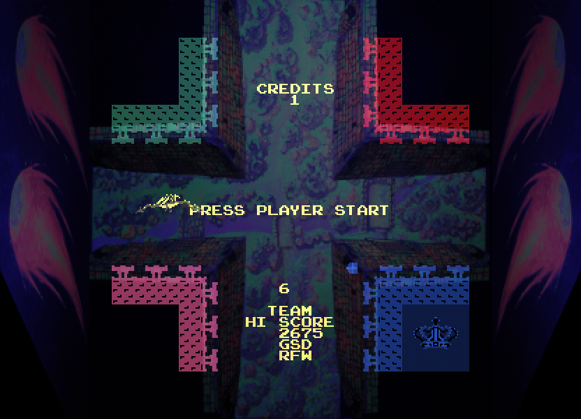 Warlords Arcade Screenshot: Press button to start, and the dragon releases a fireball...