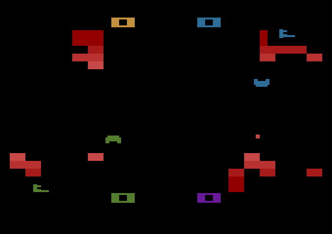 Warlords Atari 2600 Screenshot: Two players destroyed, and not much of the castles left for the remaining players...