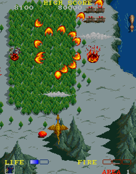 Dragon Spirit Arcade Screenshot: Using a fire upgrade to attack.