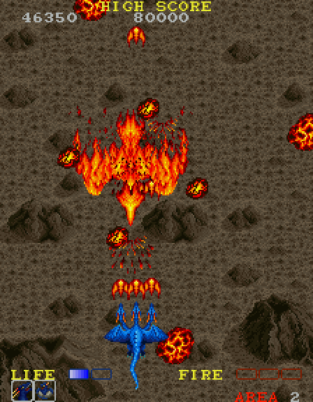 Dragon Spirit Arcade Screenshot: Fighting fire with fire.