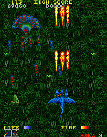 Dragon Spirit Arcade Screenshot: A colorful and deadly bird approaches...