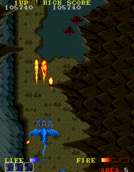 Dragon Spirit Arcade Screenshot: Area 5; don't fly into the cave walls!
