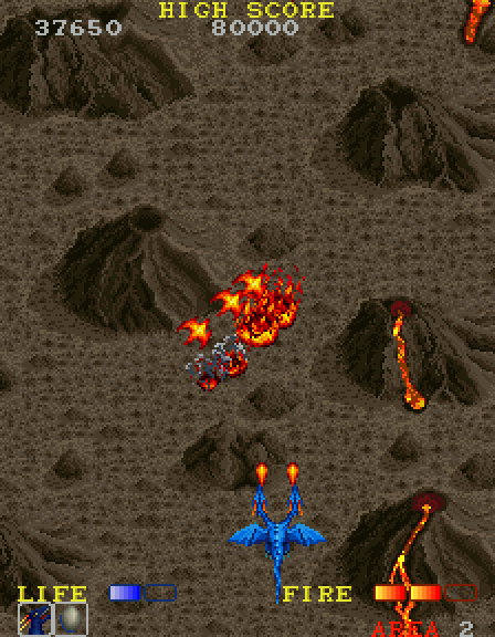 Dragon Spirit Arcade Screenshot: Fire, lava, and other dangers are abundant in this area.