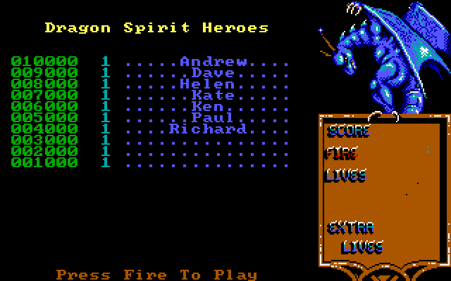 Dragon Spirit IBM PC/Compatibles Screenshot: High scores.