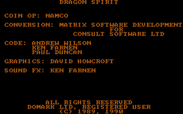 Dragon Spirit IBM PC/Compatibles Screenshot: Title and credits screen.