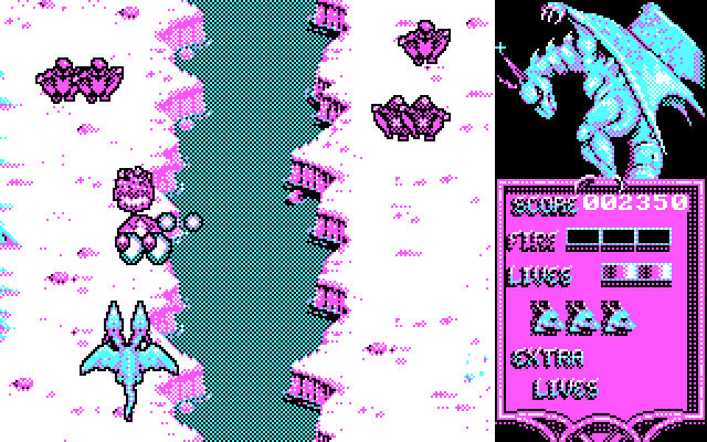 Dragon Spirit IBM PC/Compatibles Screenshot: Enemies attack from both sides of the river...