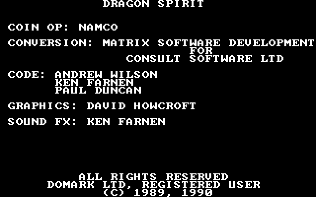 Dragon Spirit IBM PC/Compatibles Screenshot: Title and credits screen.