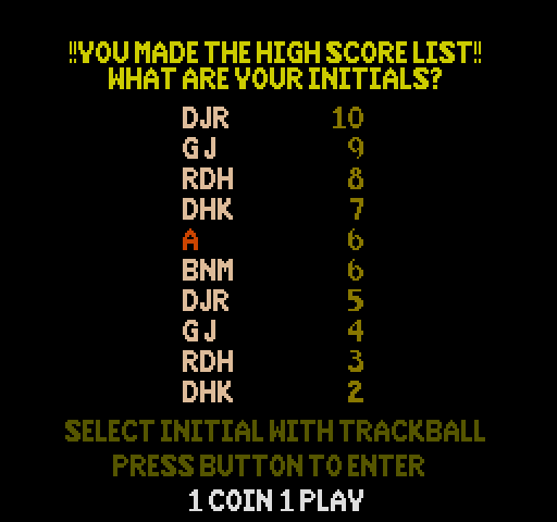 Gimme A Break Arcade Screenshot: Enter your initials in the high score table.