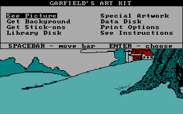 Create with Garfield! (Deluxe Edition) IBM PC/Compatibles Screenshot: Use the menus to select backgrounds and other artwork.