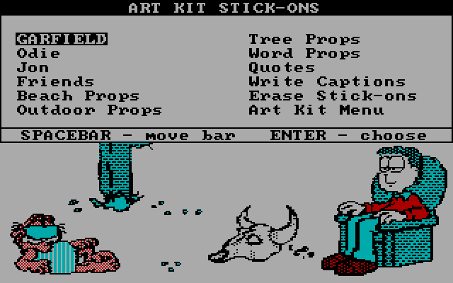 Create with Garfield! (Deluxe Edition) IBM PC/Compatibles Screenshot: The art stick-ons menu.
