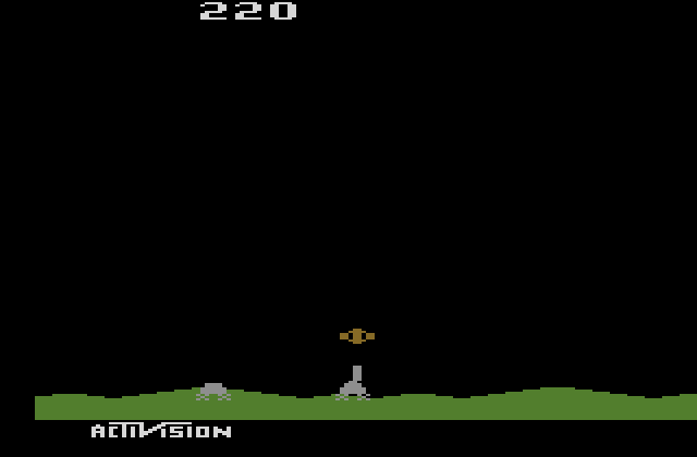 Laser Blast Atari 2600 Screenshot: I'm hit! Try to crash land into an opponent...