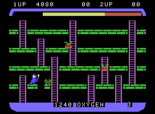 Space Panic ColecoVision Screenshot: Dig holes to trap enemies...