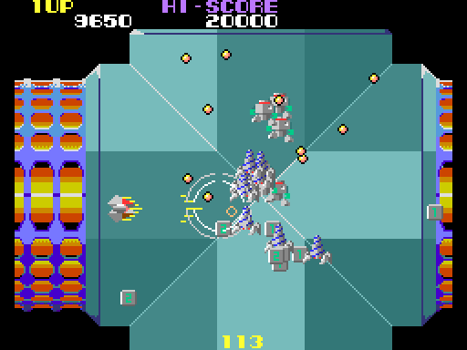Nova 2001 Arcade Screenshot: Blasting an enemy swarm...