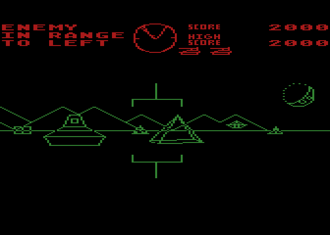 Battlezone Atari 8-bit Screenshot: The tank on the left is deadly, but the saucer to the far right earns more points...