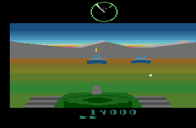 Battlezone Atari 2600 Screenshot: Attacking a pair of tanks...