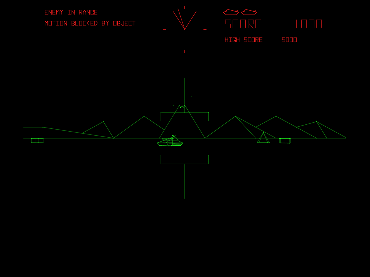 Battlezone Arcade Screenshot: My motion is blocked by one of the obstacles...