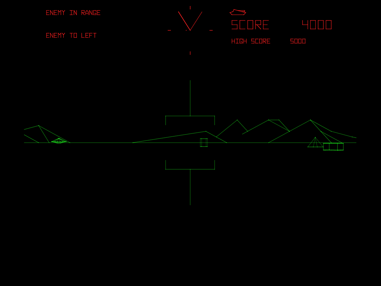 Battlezone Arcade Screenshot: Enemy to the left...and it's a flying saucer!