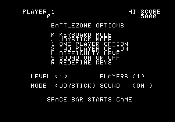 Battlezone Apple II Screenshot: Game options.