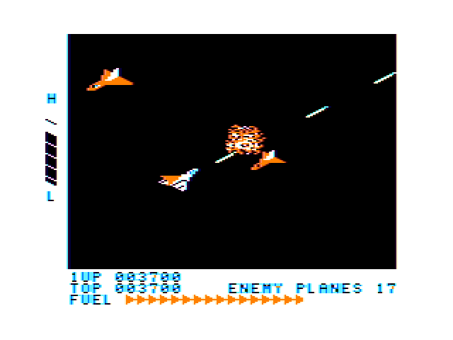 Zaxxon TRS-80 Color Computer Screenshot: Blasting enemy planes in space...