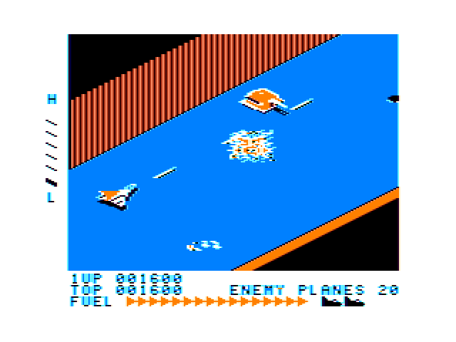 Zaxxon TRS-80 Color Computer Screenshot: Blasting enemy planes...