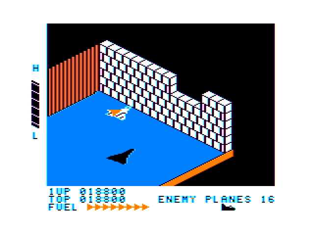 Zaxxon TRS-80 Color Computer Screenshot: Fly through that gap in the wall...