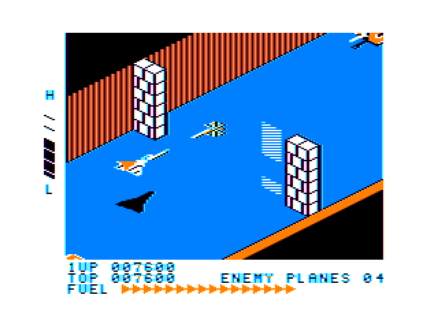 Zaxxon TRS-80 Color Computer Screenshot: Don't crash into the force fields!