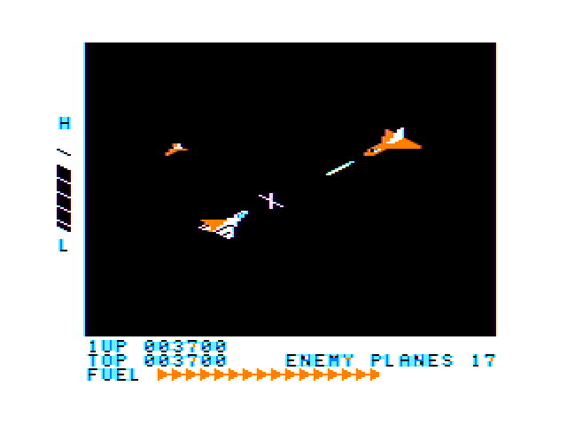 Zaxxon TRS-80 Color Computer Screenshot: That "X" indicates I'm at the same level as an enemy plane.