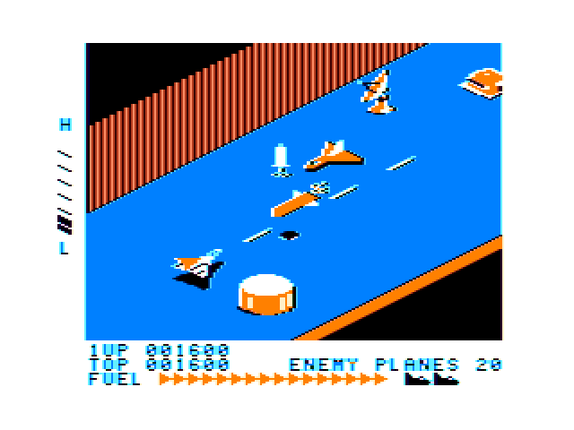 Zaxxon TRS-80 Color Computer Screenshot: Watch out for the incoming missiles!