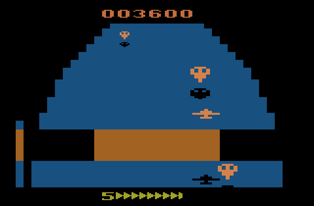 Zaxxon Atari 2600 Screenshot: Avoid walls; fly over them or to the side...