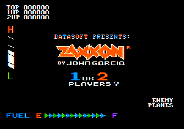 Zaxxon Apple II Screenshot: Title screen. Select number of players to start game.