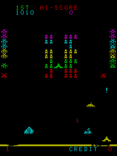 Cosmic Guerilla Arcade Screenshot: That yellow saucer is quick and tries to bomb you...