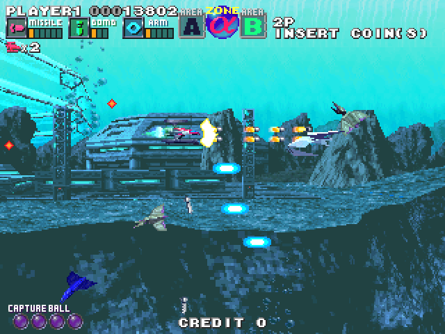 G Darius Ver.2 Arcade Screenshot: Fighting my way through zone A...