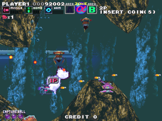 G Darius Ver.2 Arcade Screenshot: Don't crash into cave walls...