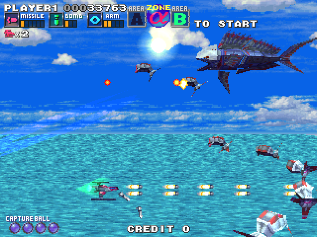 G Darius Ver.2 Arcade Screenshot: A mini-boss appears...