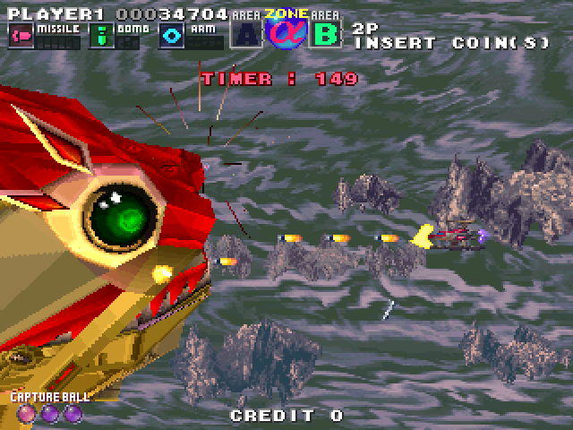 G Darius Ver.2 Arcade Screenshot: Your ship's orientation will reverse direction during boss battles occasionally.